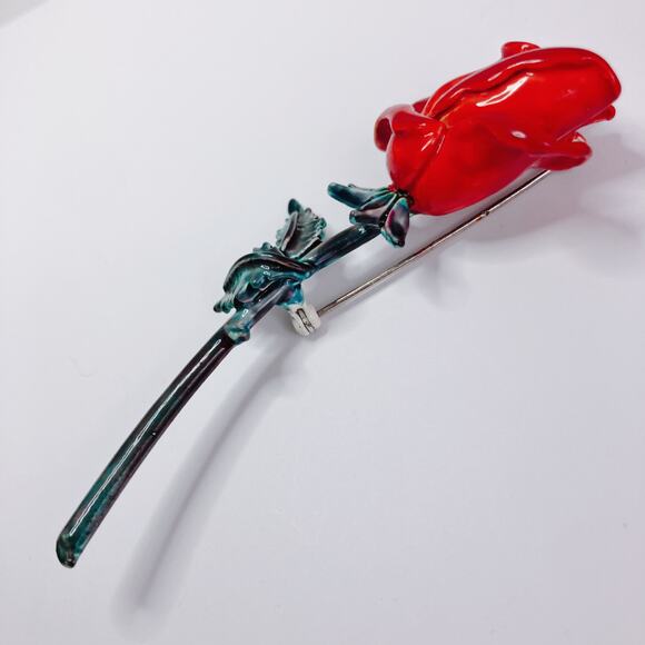 Vintage 70s 80s Red Enamel Rose Brooch Gold Tone Floral Pin Fun Flower Power - Picture 7 of 12